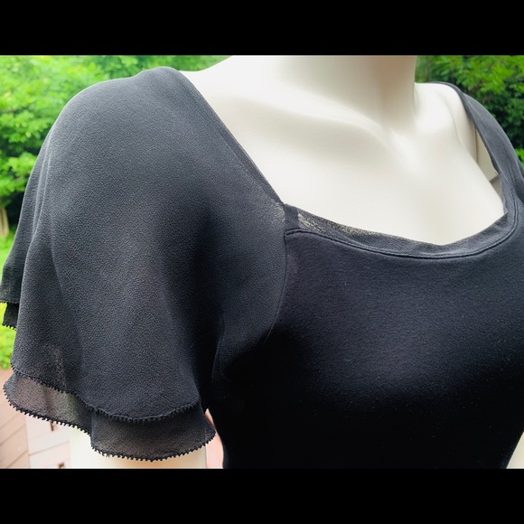 Lauren Raplh Lauren black Rayon blouse top W Black Sheer Flare Cap Sleeves US M - Picture 2 of 6